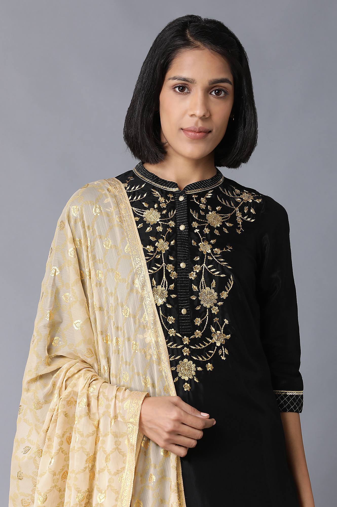 Black Straight Solid kurta-Flared Skirt-Dupatta Set