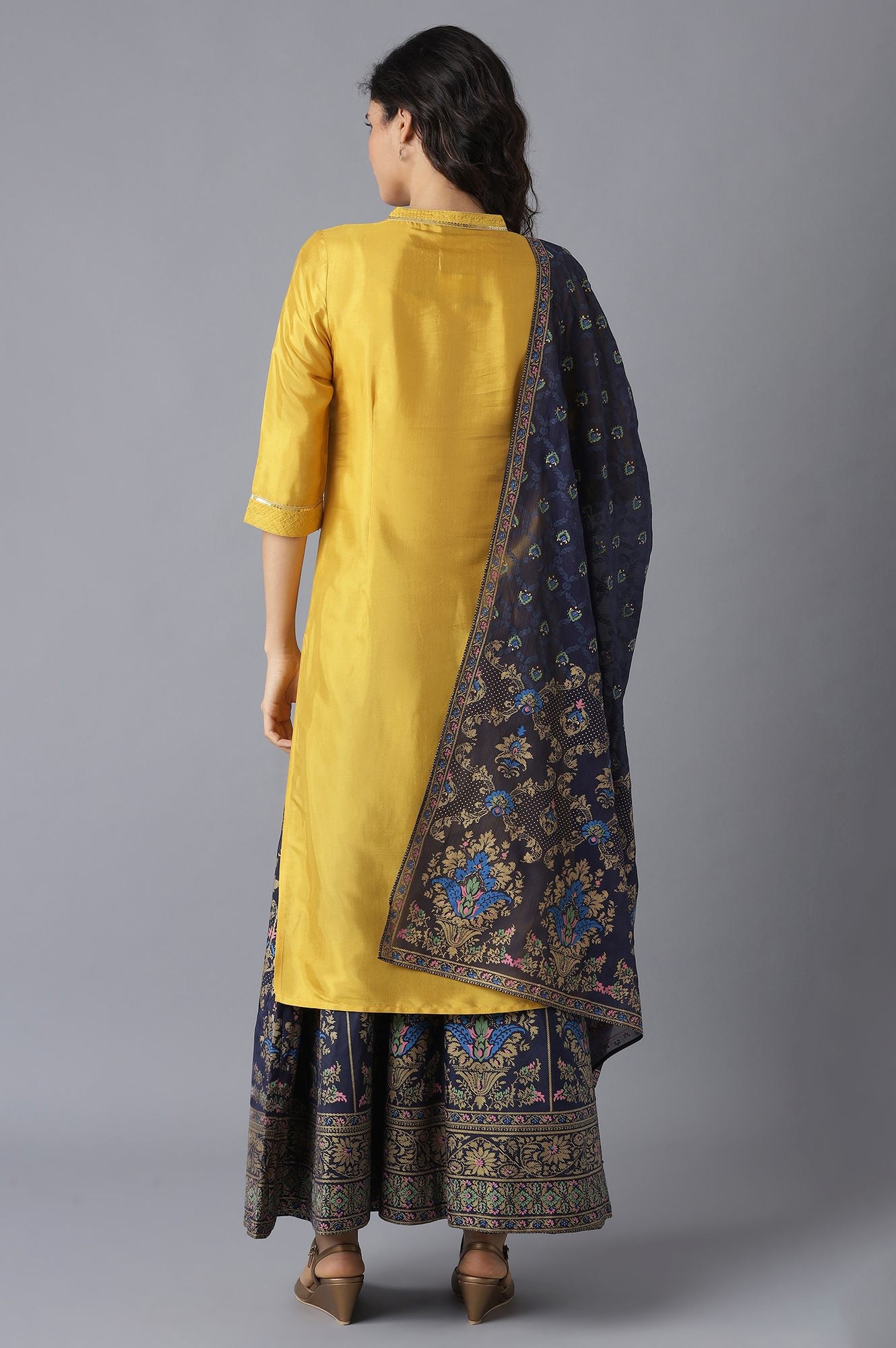 Yellow Straight Solid kurta-Flared Skirt-Dupatta Set