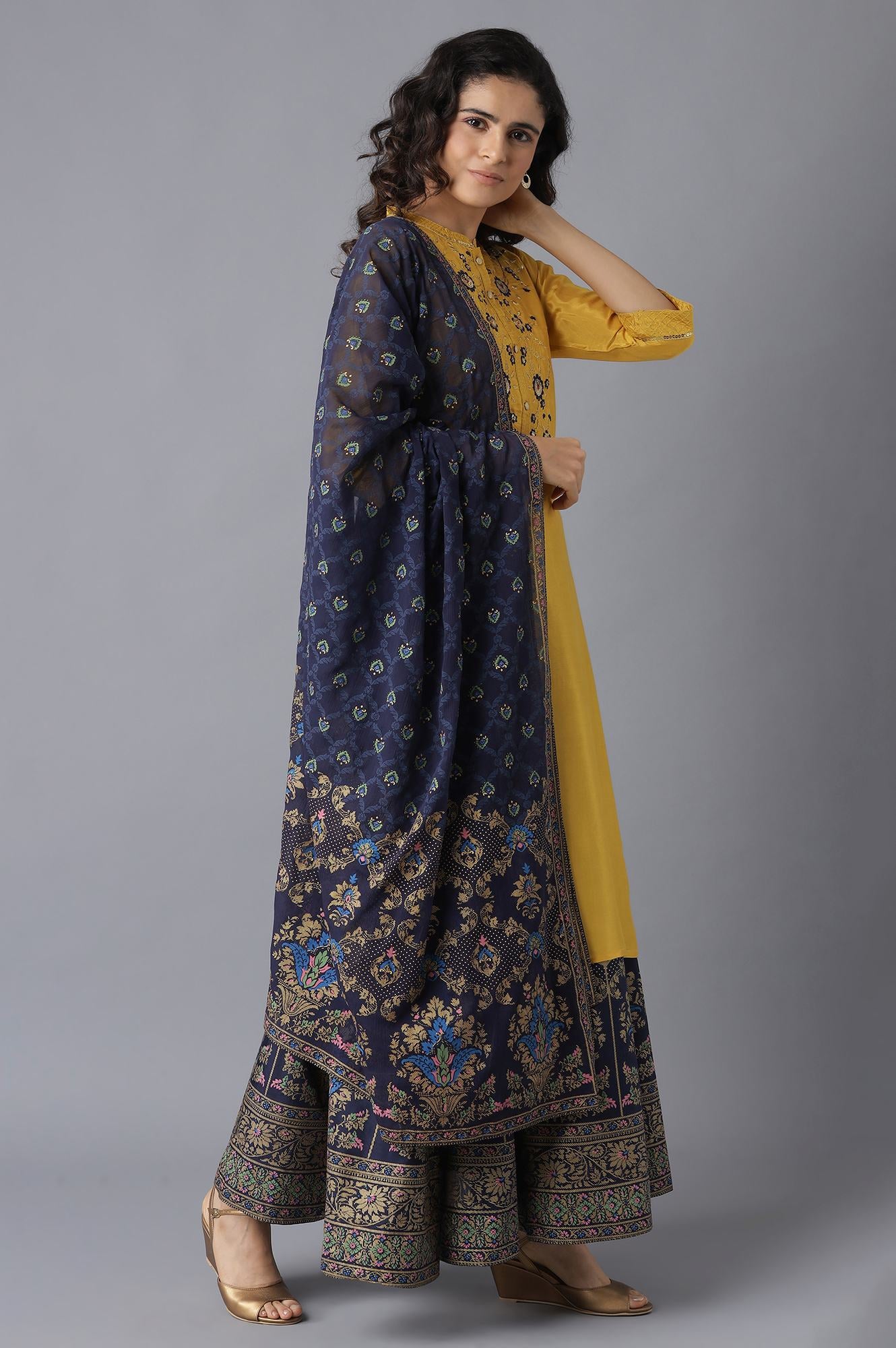 Yellow Straight Solid kurta-Flared Skirt-Dupatta Set