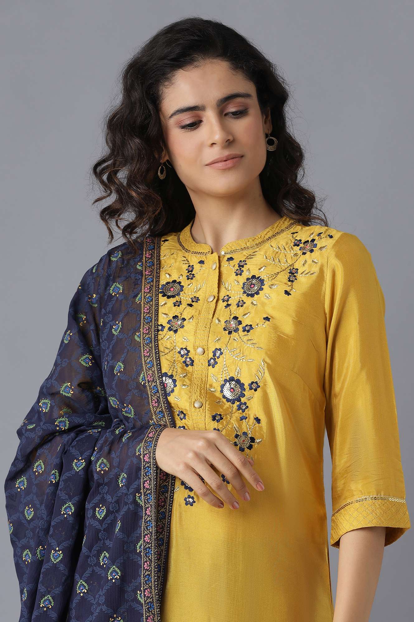 Yellow Straight Solid kurta-Flared Skirt-Dupatta Set