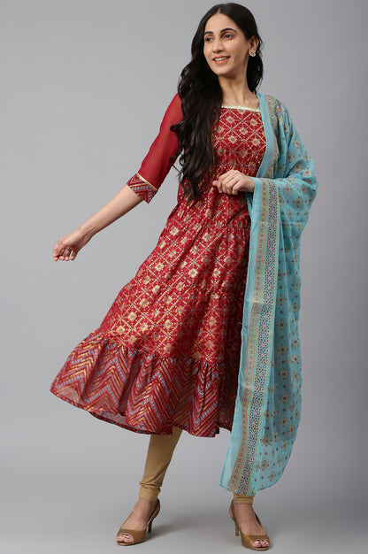 Red Printed Straight kurta-Tights-Dupatta Set