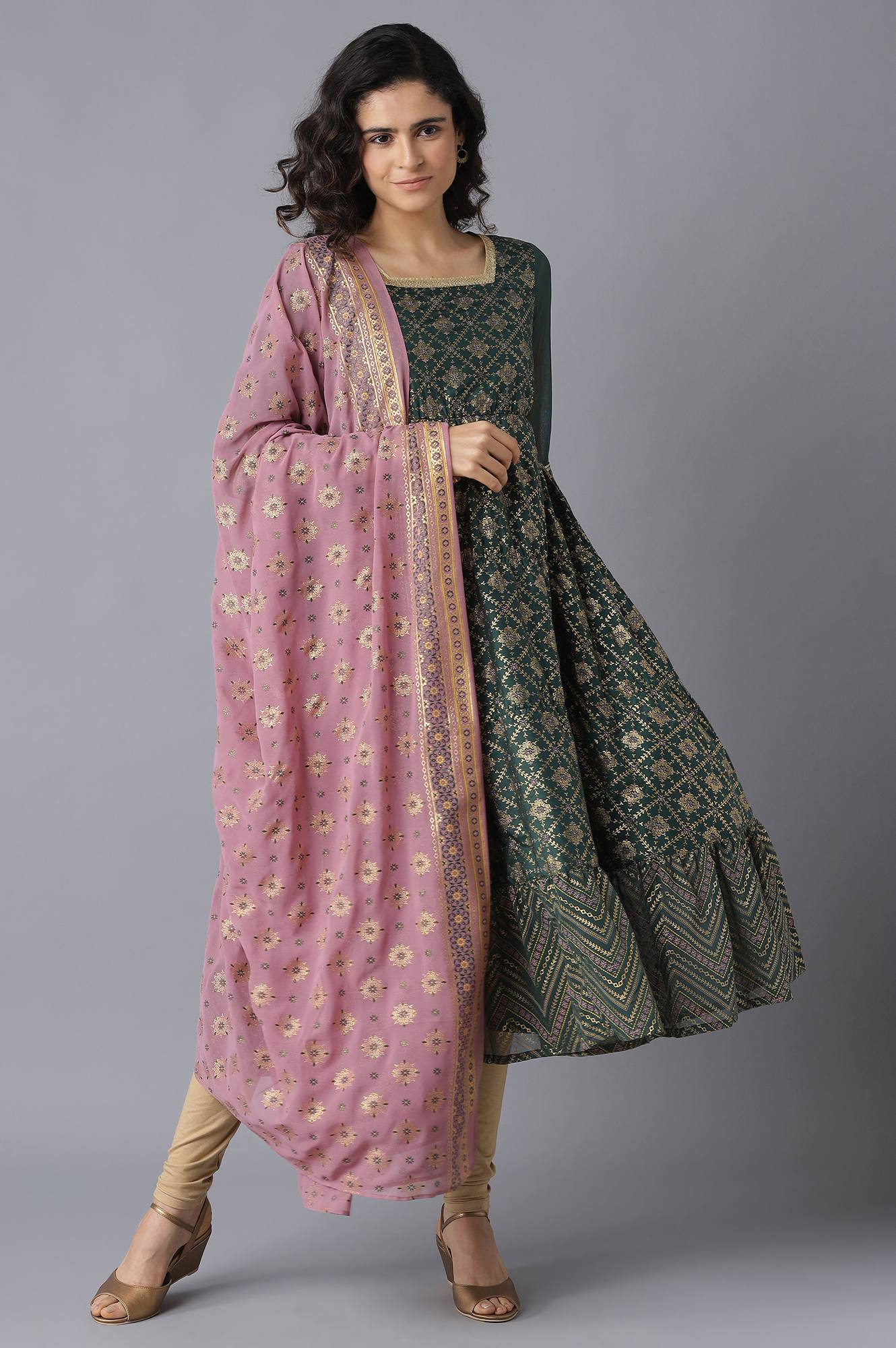 Green Printed Straight kurta-Tights-Dupatta Set