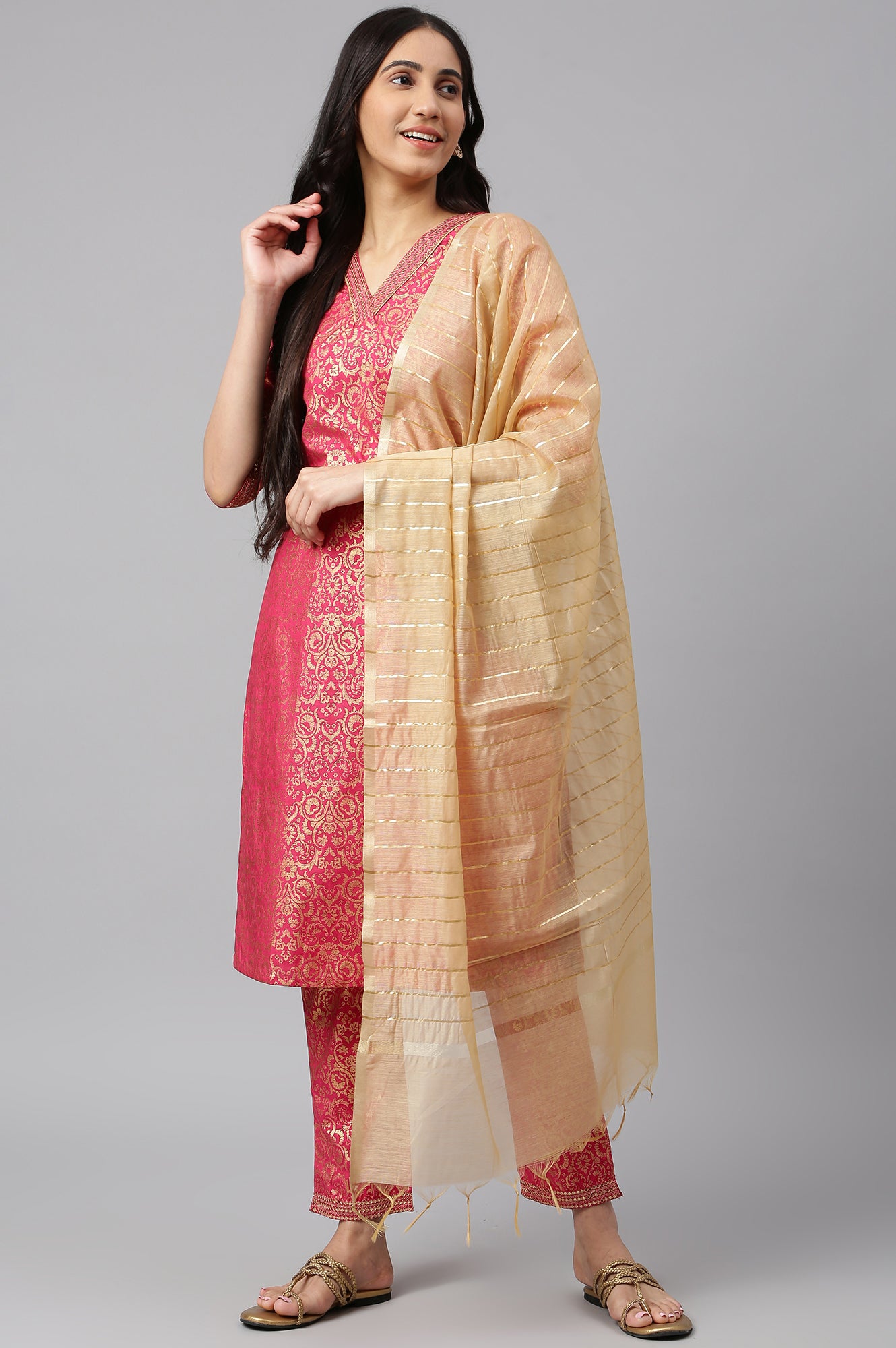 Wine Yarn-Dyed Straight kurta-Trousers-Dupatta Set