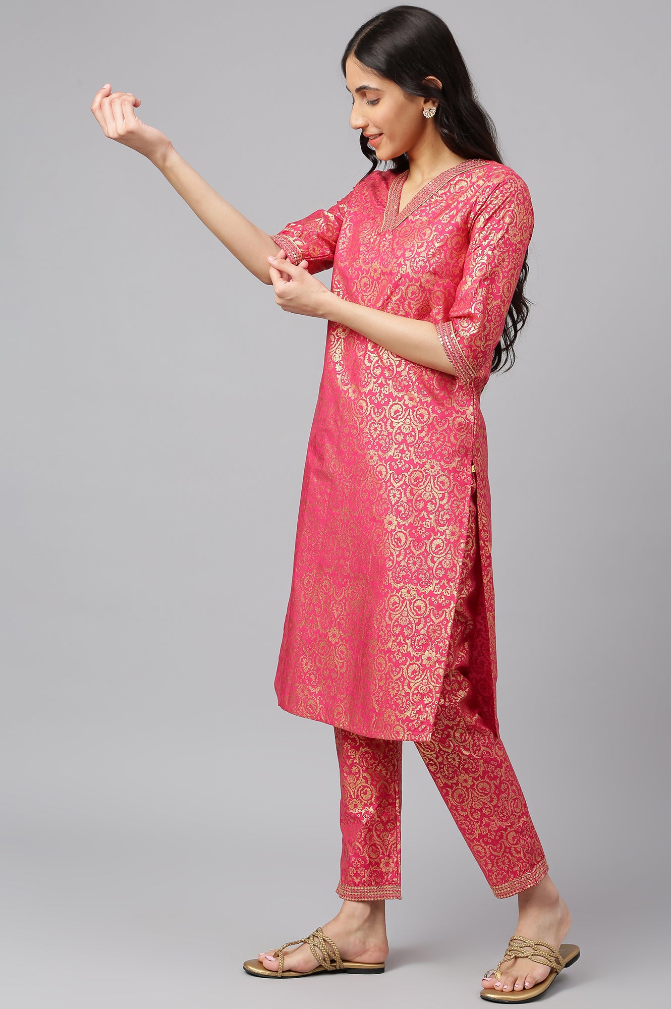 Wine Yarn-Dyed Straight kurta-Trousers-Dupatta Set