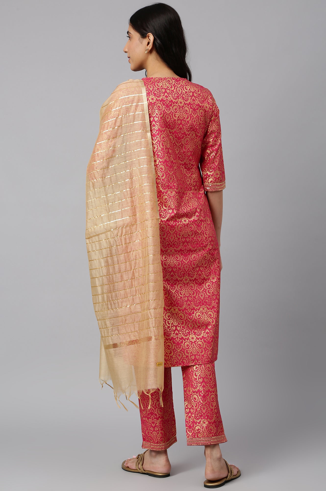 Wine Yarn-Dyed Straight kurta-Trousers-Dupatta Set