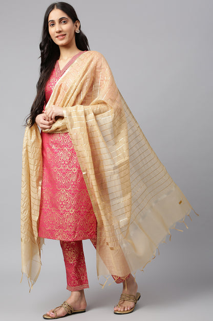 Wine Yarn-Dyed Straight kurta-Trousers-Dupatta Set