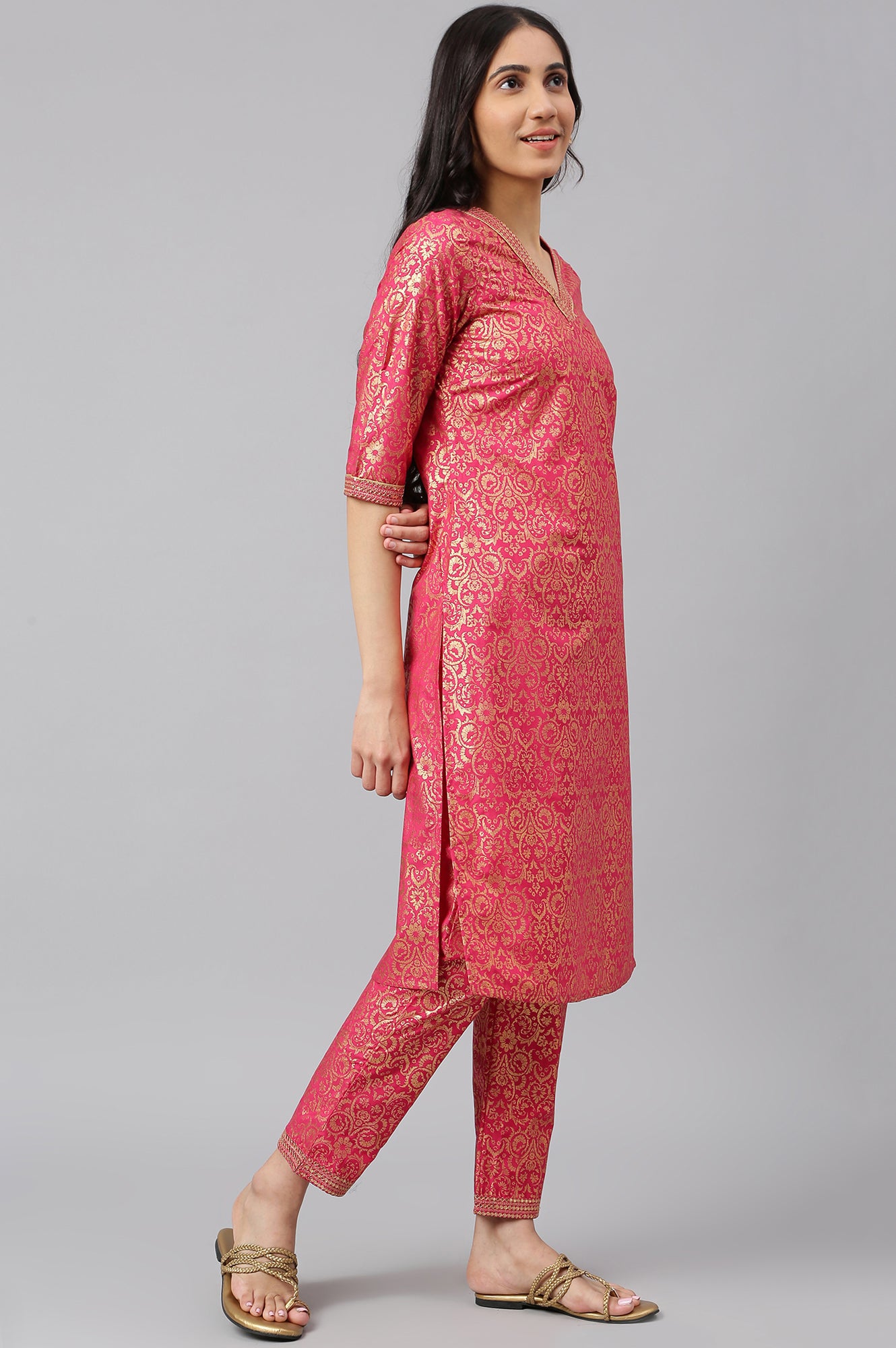 Wine Yarn-Dyed Straight kurta-Trousers-Dupatta Set