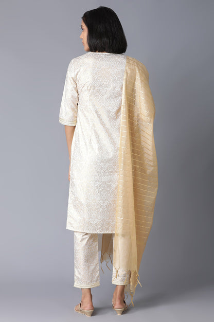 Off-White Yarn-Dyed Straight kurta-Trousers-Dupatta Set