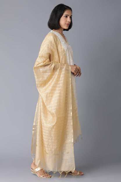 Off-White Yarn-Dyed Straight kurta-Trousers-Dupatta Set