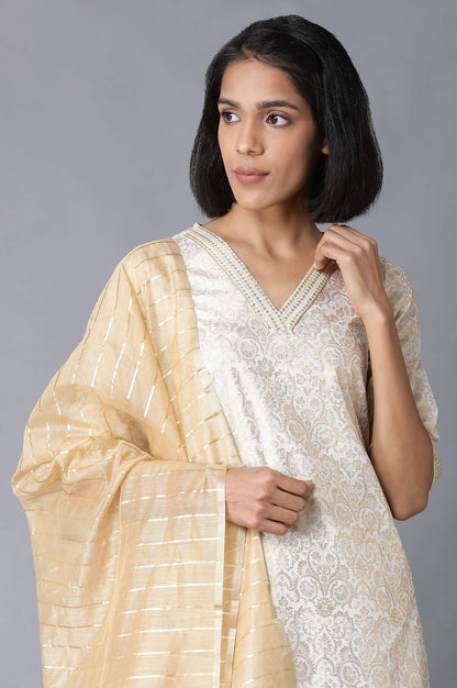 Off-White Yarn-Dyed Straight kurta-Trousers-Dupatta Set