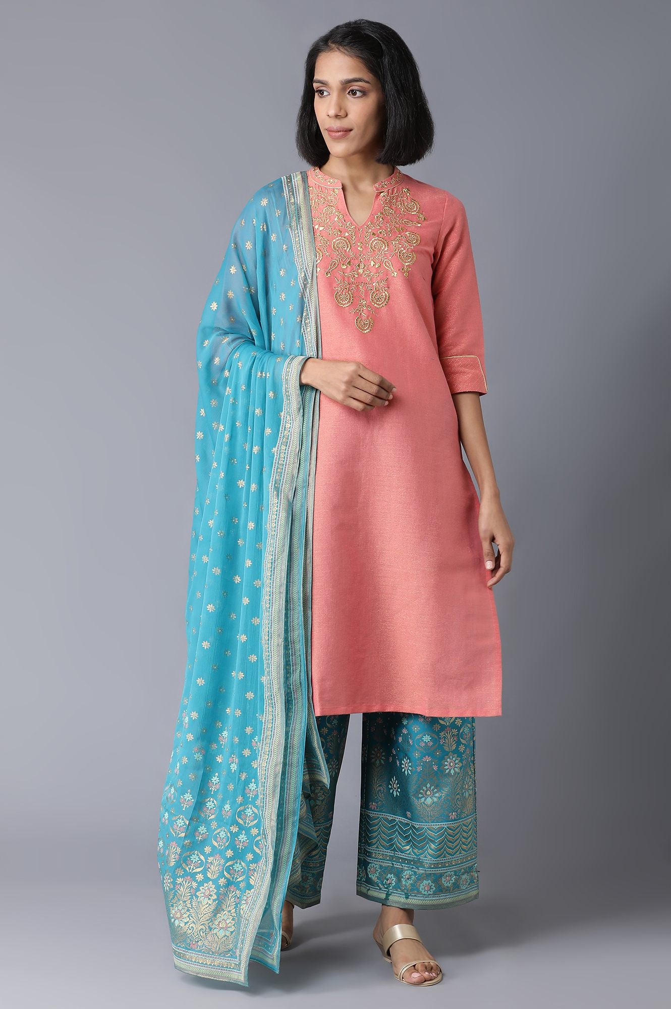 Peach Yarn-Dyed Straight kurta-Palazzos-Dupatta Set