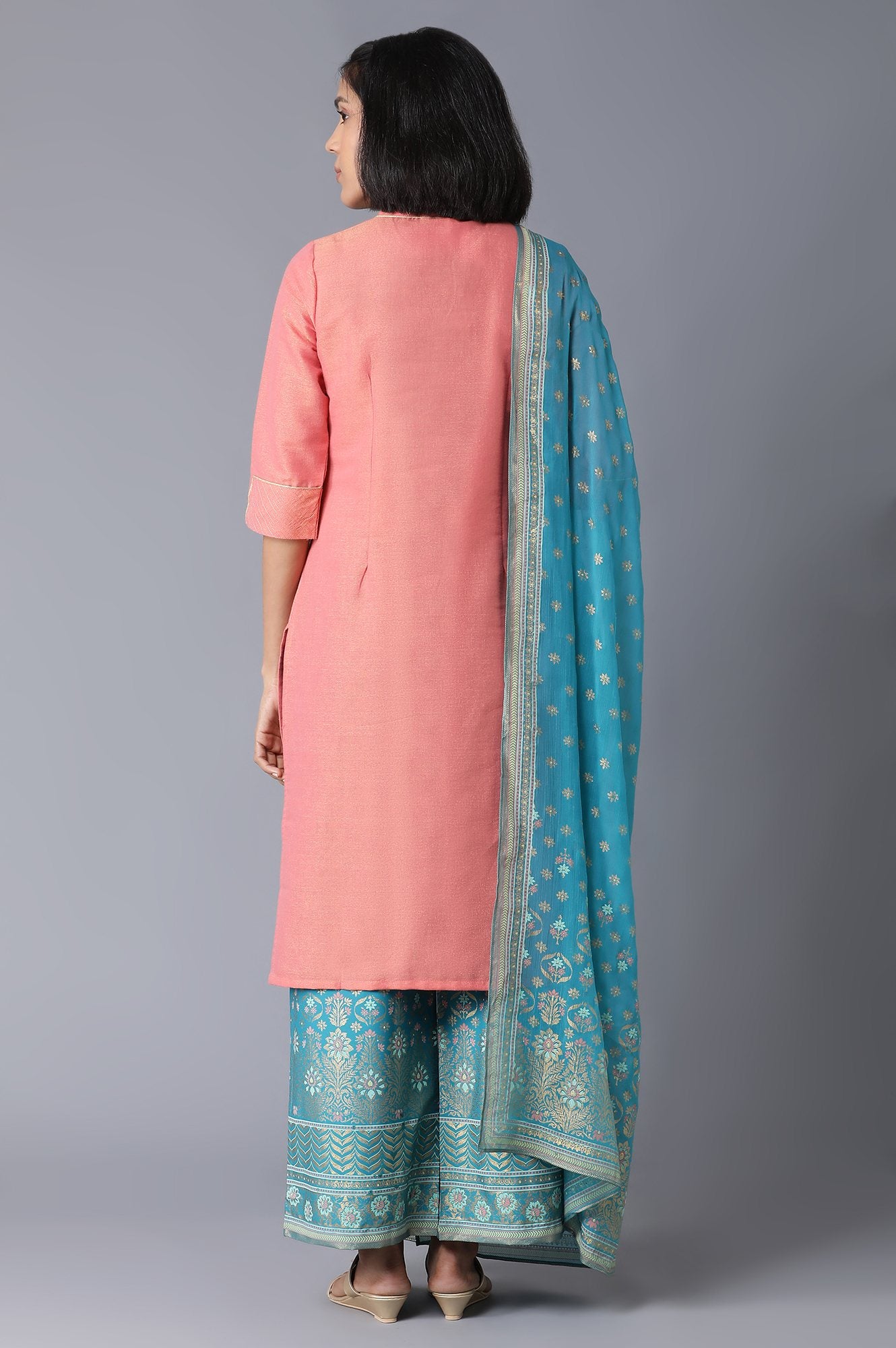 Peach Yarn-Dyed Straight kurta-Palazzos-Dupatta Set