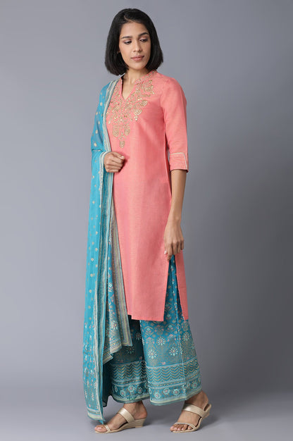 Peach Yarn-Dyed Straight kurta-Palazzos-Dupatta Set