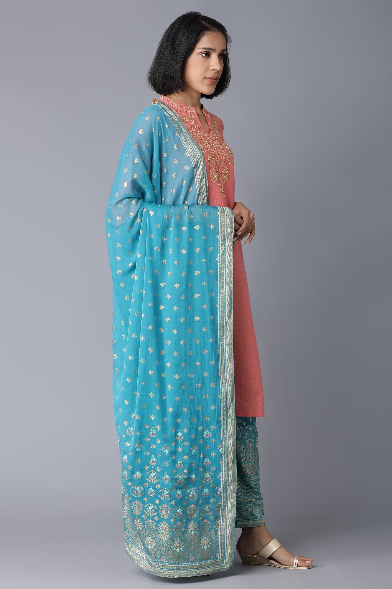 Peach Yarn-Dyed Straight kurta-Palazzos-Dupatta Set