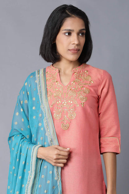 Peach Yarn-Dyed Straight kurta-Palazzos-Dupatta Set