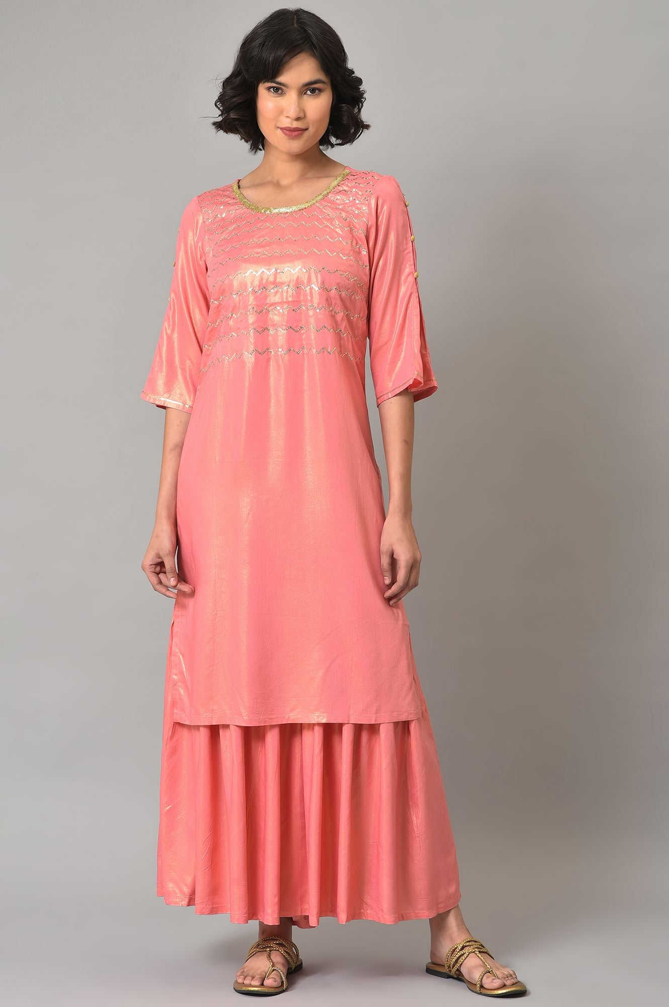 Pink Printed Straight kurta-Sharara Set