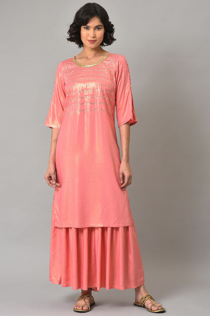 Pink Printed Straight kurta-Sharara Set