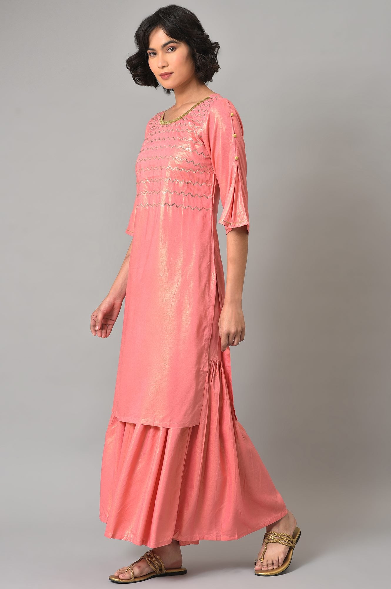 Pink Printed Straight kurta-Sharara Set