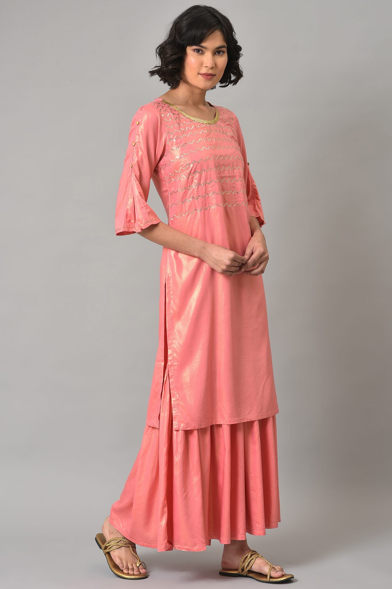 Pink Printed Straight kurta-Sharara Set