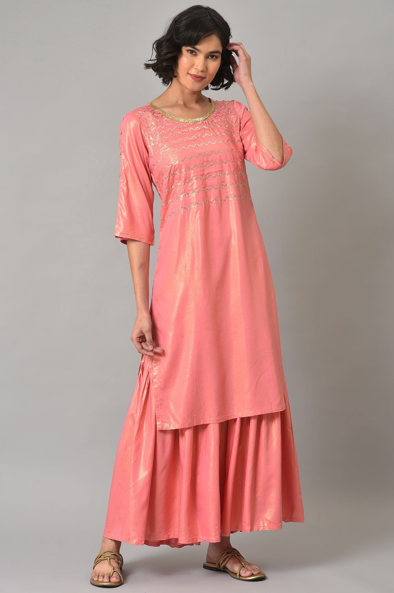 Pink Printed Straight kurta-Sharara Set