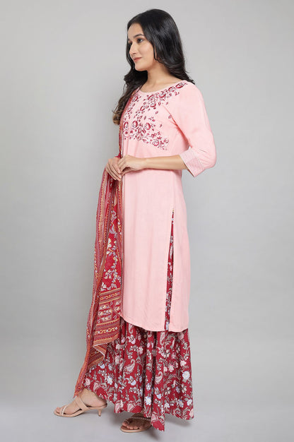 Peach kurta with Maroon Culottes and Dupatta