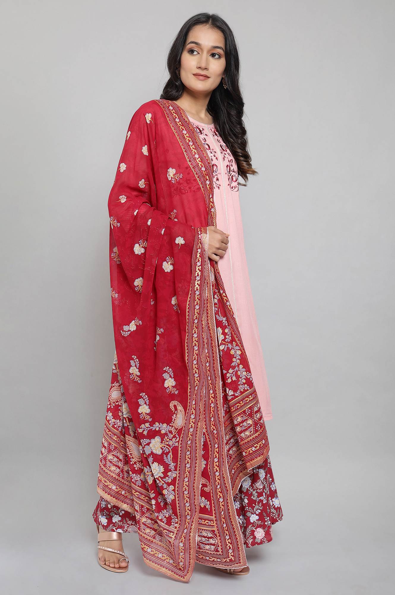 Peach kurta with Maroon Culottes and Dupatta