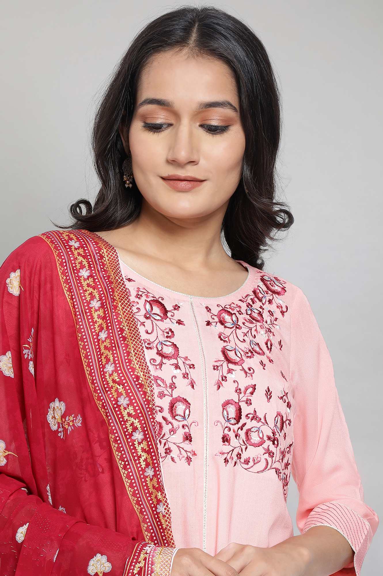 Peach kurta with Maroon Culottes and Dupatta