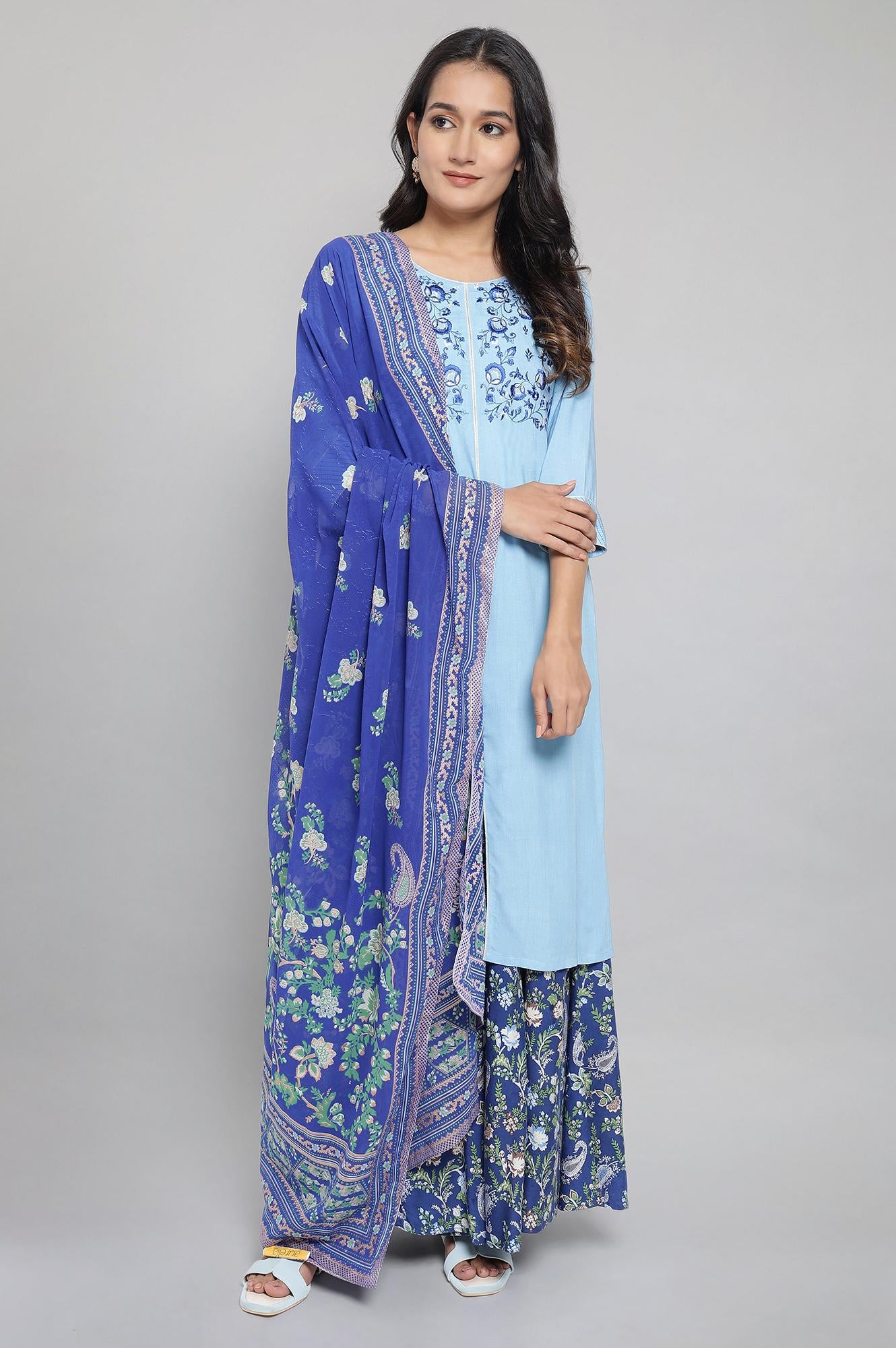 Blue kurta with Printed Culottes and Dupatta