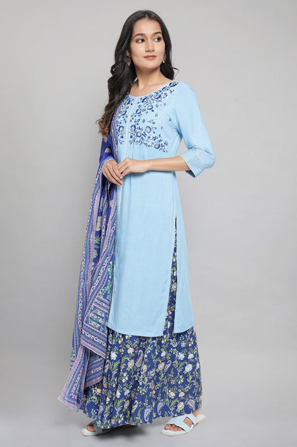 Blue kurta with Printed Culottes and Dupatta