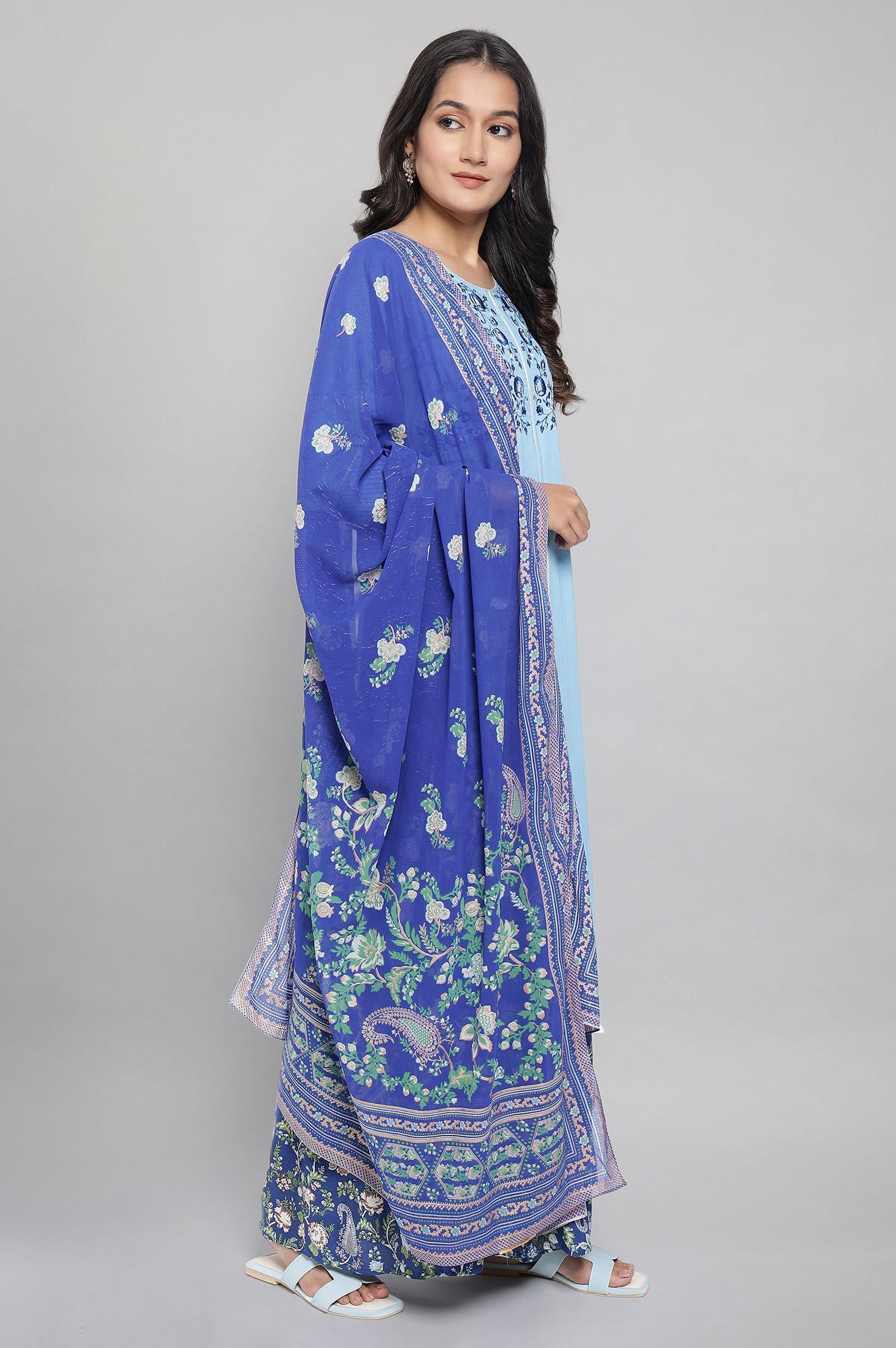 Blue kurta with Printed Culottes and Dupatta