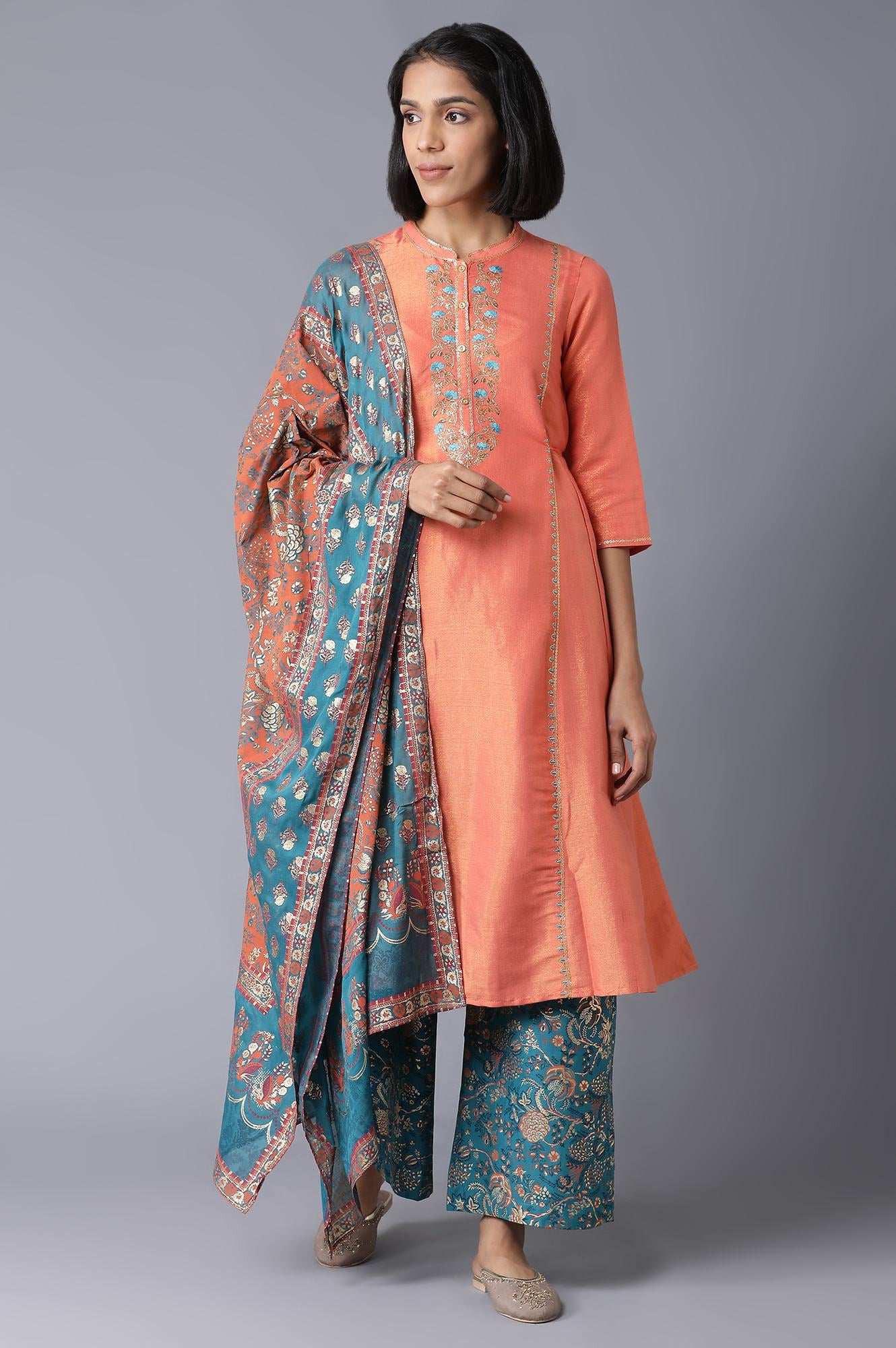 Peach Yarn-Dyed Flared kurta-Straight Pants-Dupatta Set