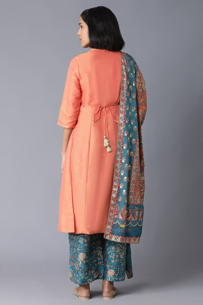 Peach Yarn-Dyed Flared kurta-Straight Pants-Dupatta Set