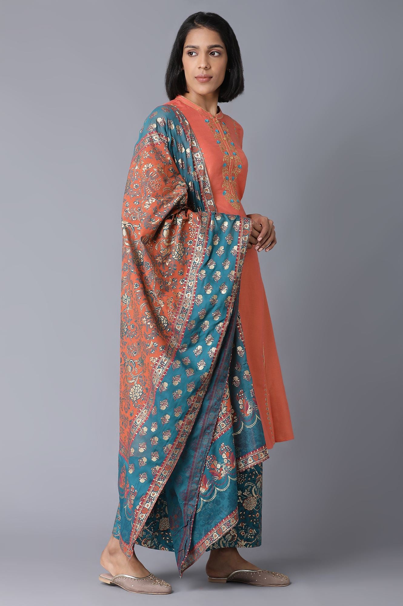 Peach Yarn-Dyed Flared kurta-Straight Pants-Dupatta Set