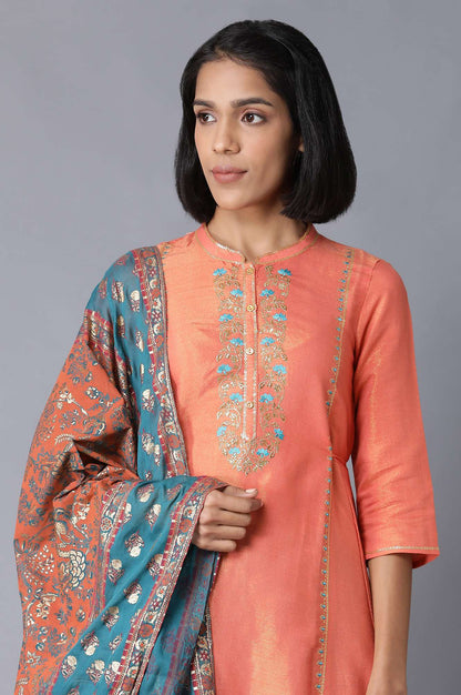 Peach Yarn-Dyed Flared kurta-Straight Pants-Dupatta Set