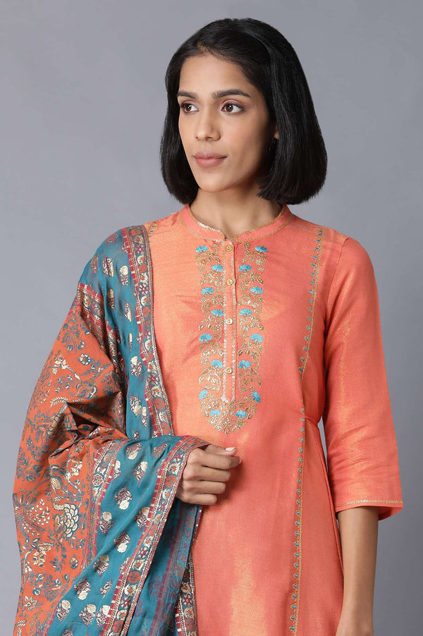 Peach Yarn-Dyed Flared kurta-Straight Pants-Dupatta Set