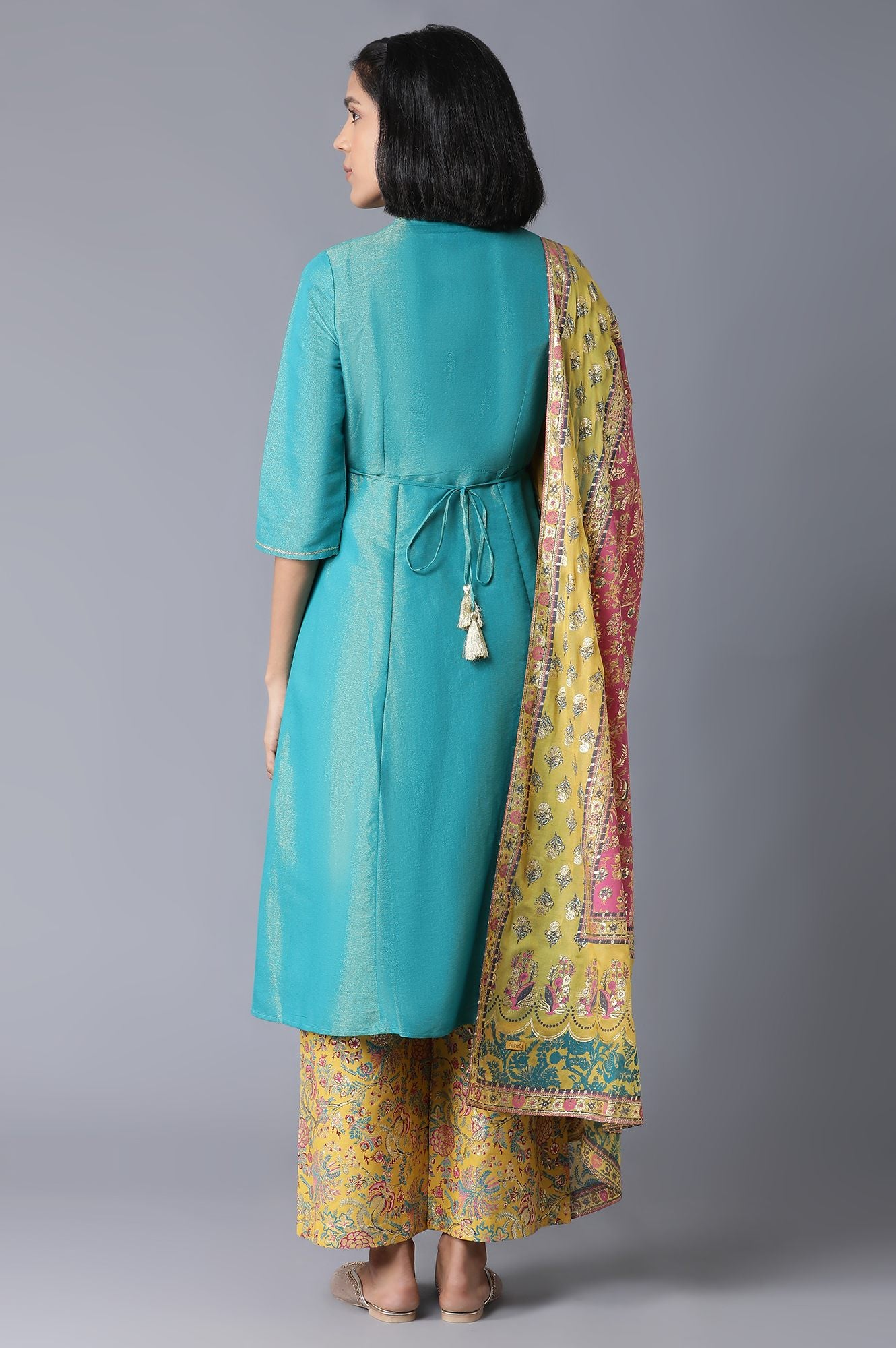 Teal Yarn-Dyed Flared kurta-Straight Pants-Dupatta Set