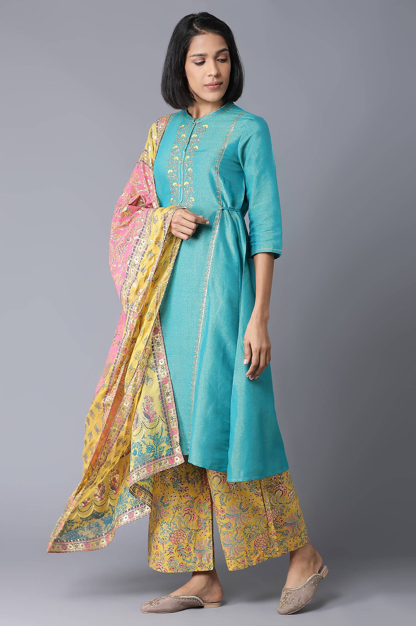 Teal Yarn-Dyed Flared kurta-Straight Pants-Dupatta Set