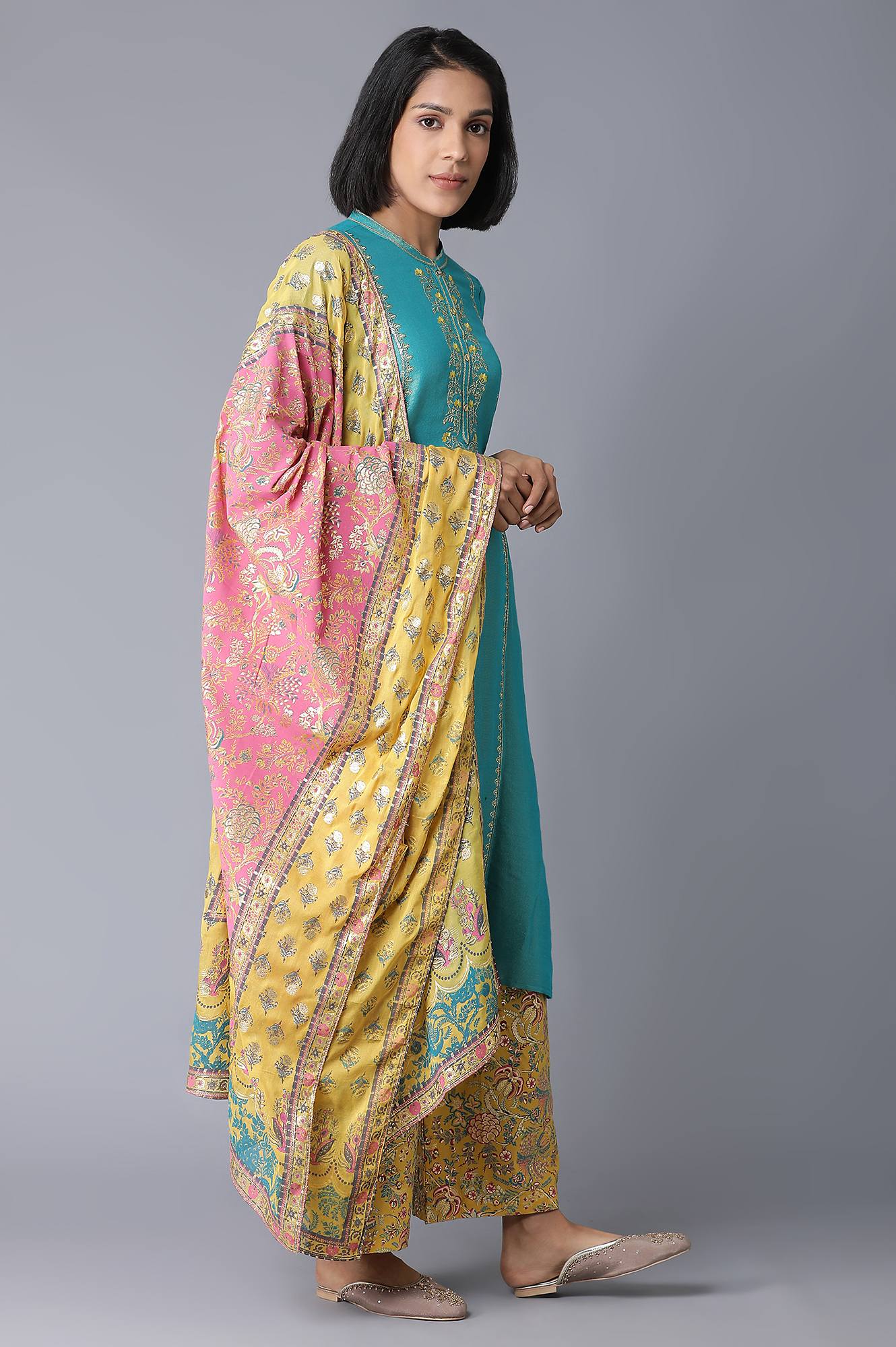 Teal Yarn-Dyed Flared kurta-Straight Pants-Dupatta Set