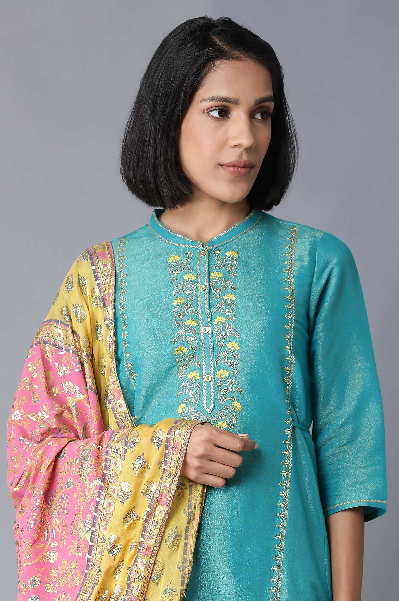 Teal Yarn-Dyed Flared kurta-Straight Pants-Dupatta Set