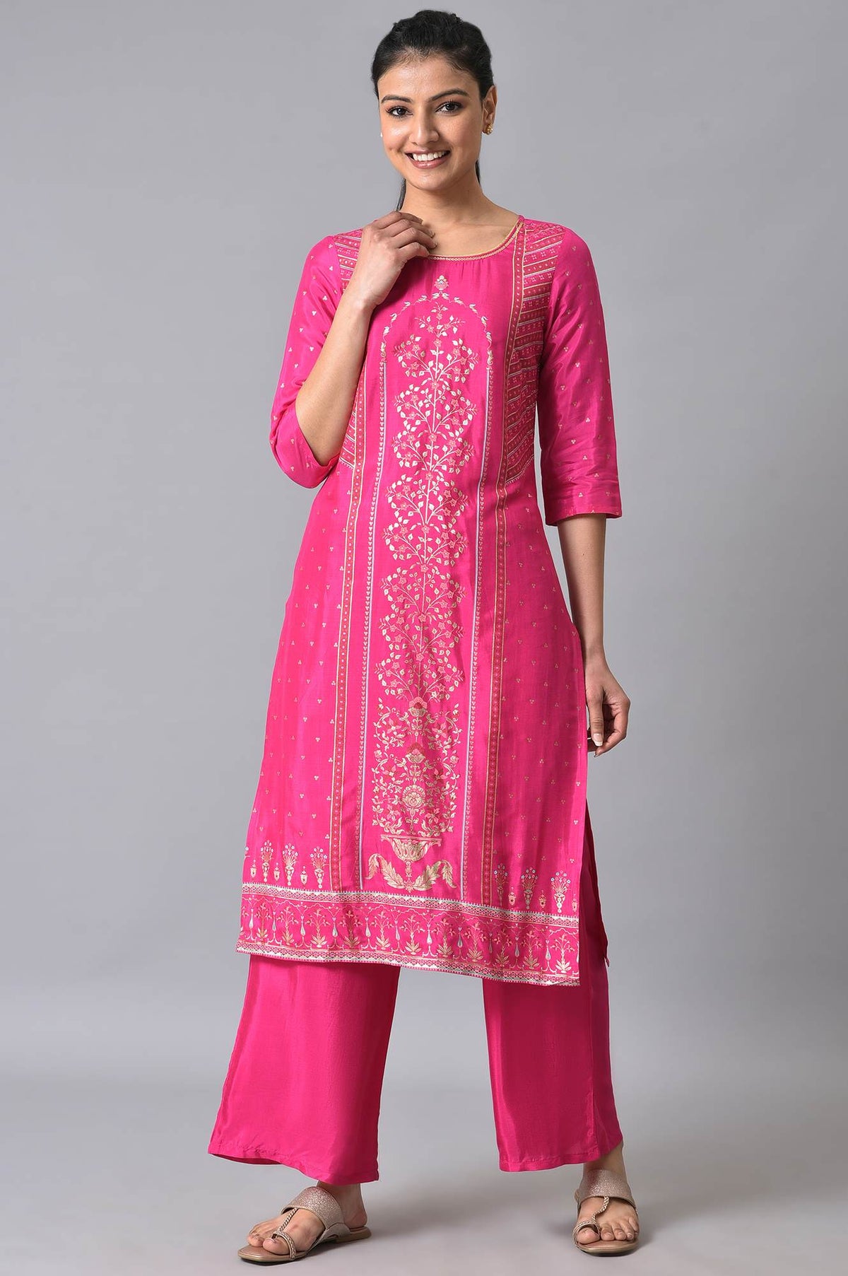 Pink Printed Ethnic Kurta With Palazzo - XS