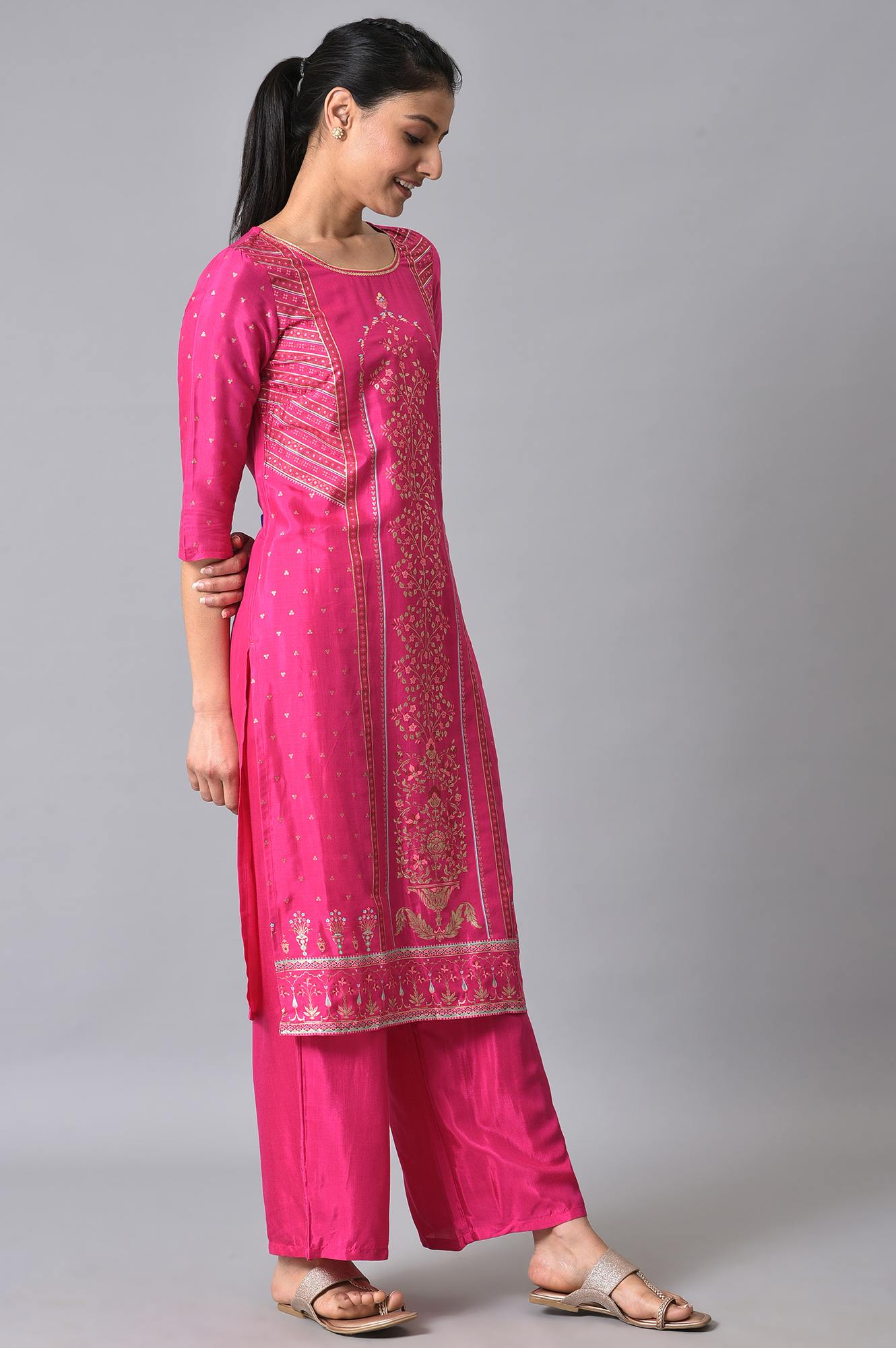 Pink Printed Ethnic Kurta With Palazzo