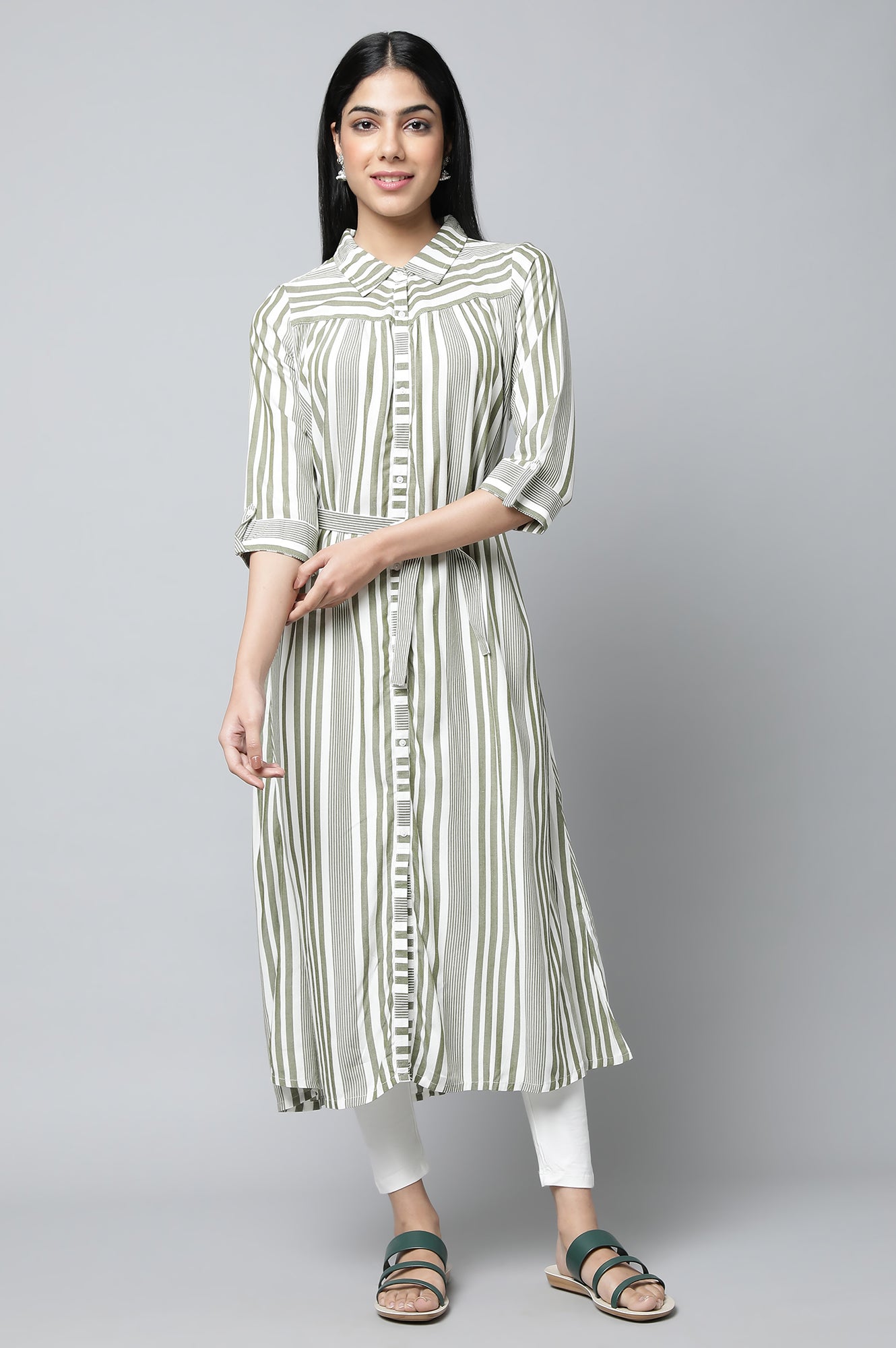 Olive Green Stripe Dress with Tights Set