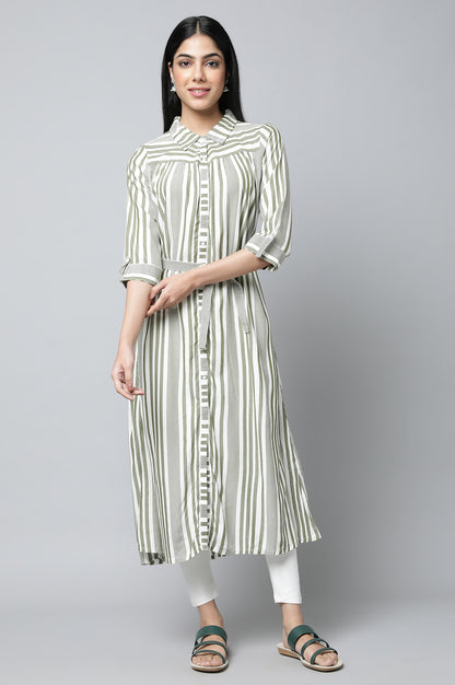 Olive Green Stripe Dress with Tights Set