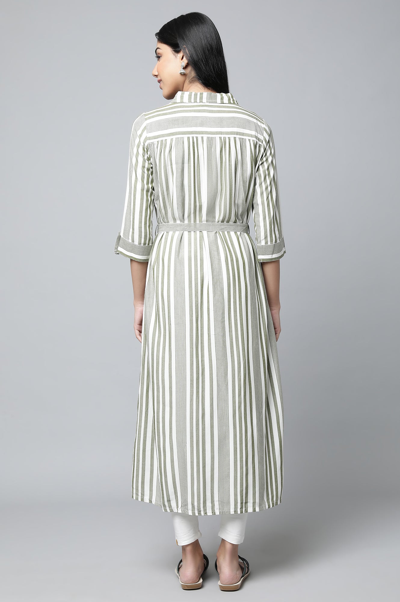 Olive Green Stripe Dress with Tights Set