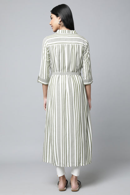 Olive Green Stripe Dress with Tights Set