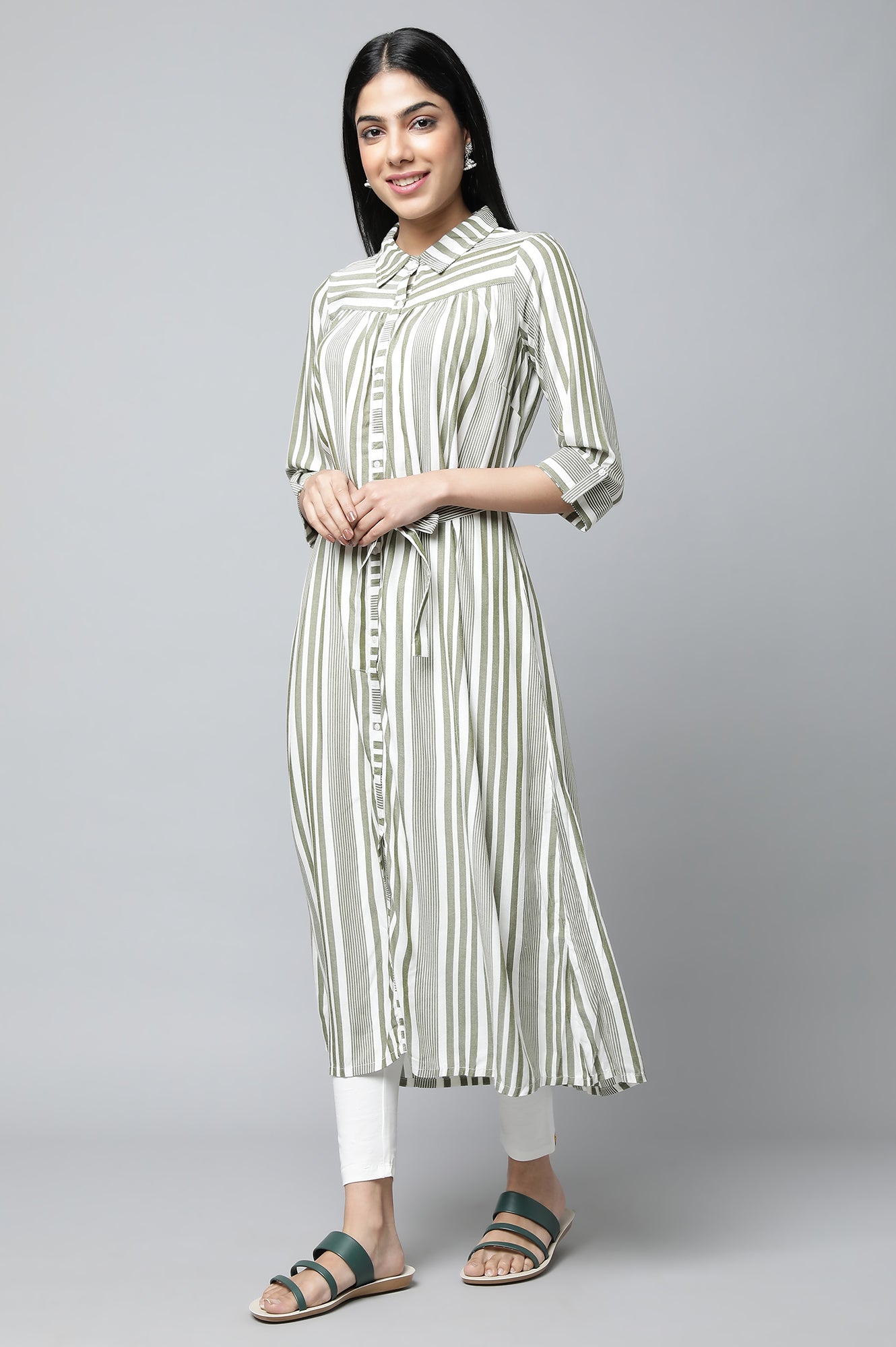 Olive Green Stripe Dress with Tights Set