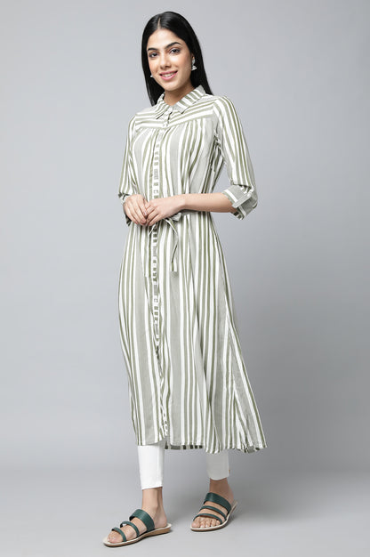 Olive Green Stripe Dress with Tights Set