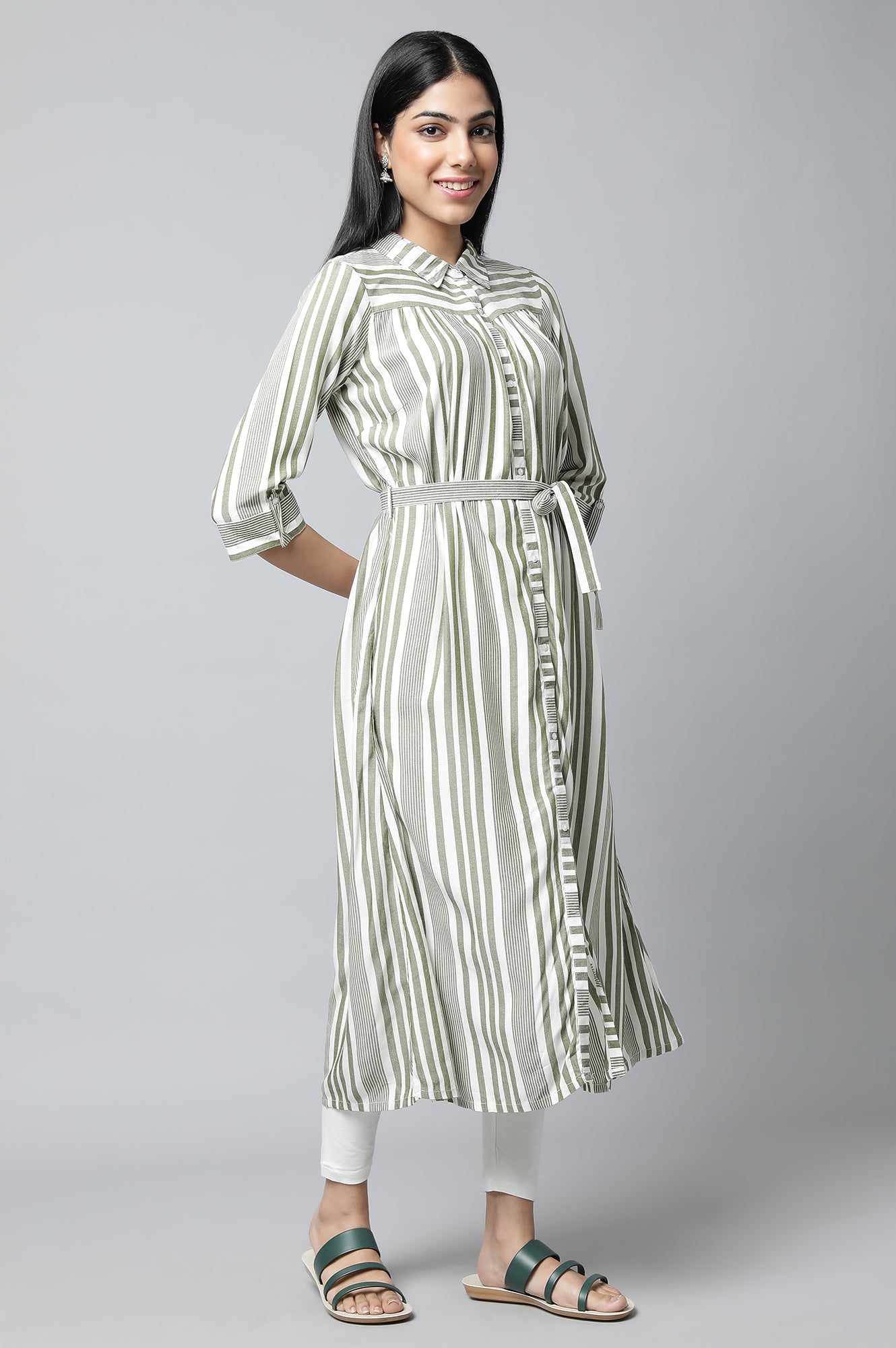 Olive Green Stripe Dress with Tights Set