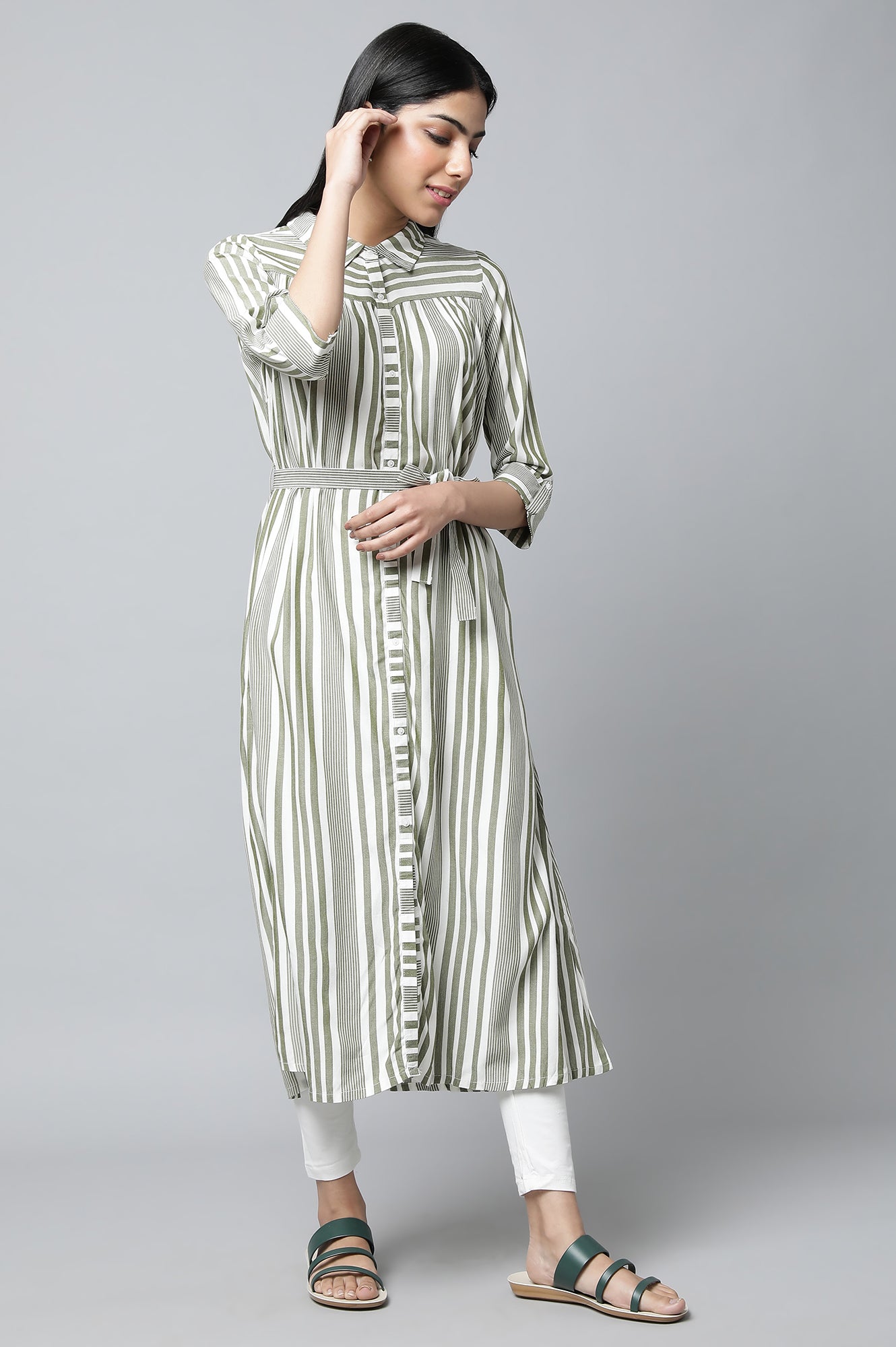 Olive Green Stripe Dress with Tights Set