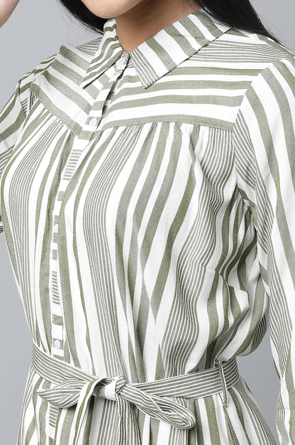 Olive Green Stripe Dress with Tights Set